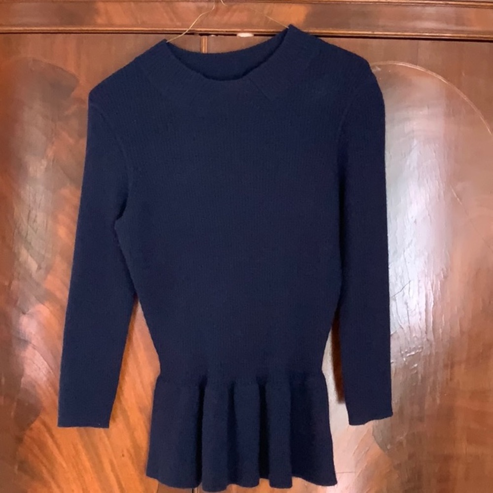 Tory BurchNavy Ribbed Sweater with Peplum Bottom. XS Long Sleeve Round Neck